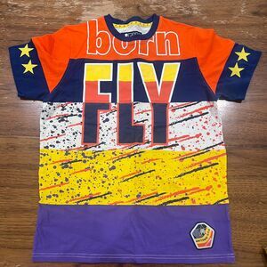 Born Fly Multicolored Graphic Design T-Shirt Anytown Patch Size Large